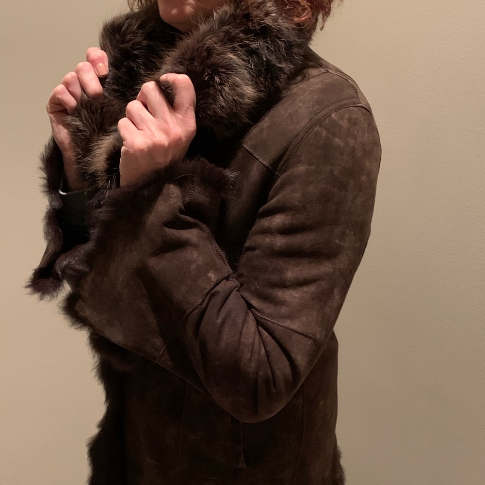 Chocolate brown suede coat, fox collar